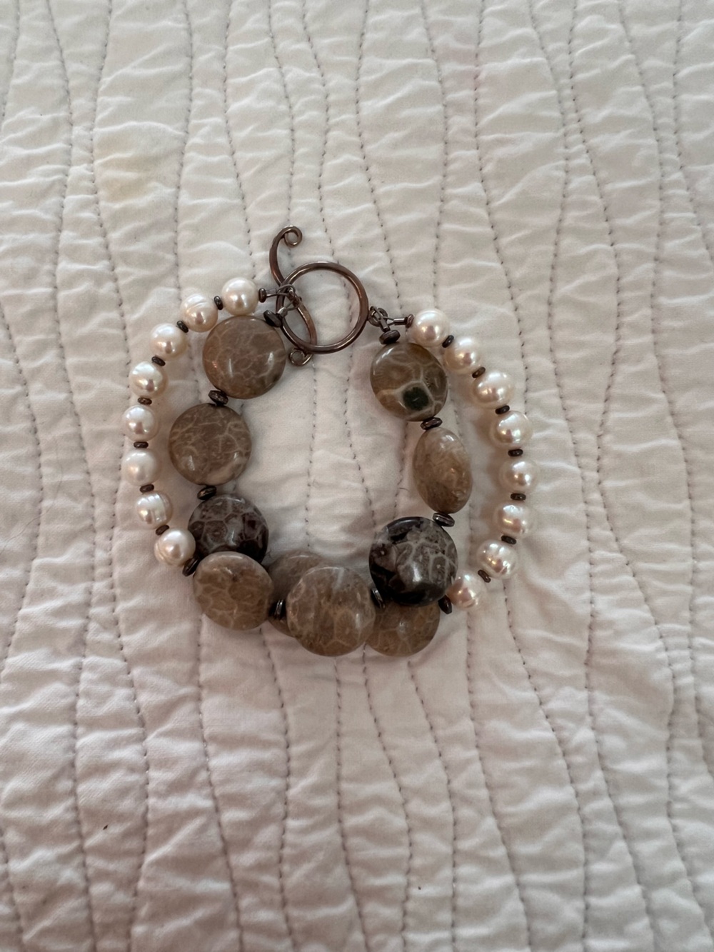 Handmade Natural Petoskey Stone and Pearl Bead Bracelet with sterling findings